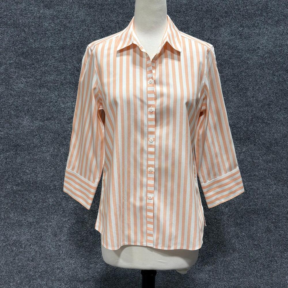 Foxcroft Button Up Shirt Womens 8 Orange Stripe Heritage Non Iron 3/4 Sleeve Top
